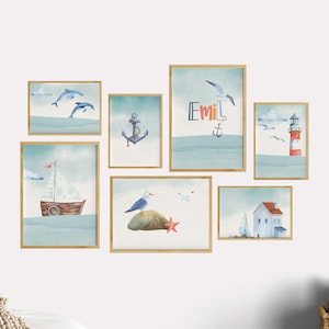 Kinderzimmer Bilder Junge Maritim, Kinderzimmerdeko Möwe, Namensposter Set Jungenzimmer, Blau, Bilderwand Collage, Posterset Delfine, Anker