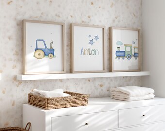 Personalized children's room poster for boys, set of 3 pictures featuring a tractor and train, blue watercolor design, baby room decor, gift for newborns, wall decoration