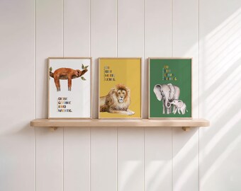 Affirmation pictures children's room animals, set of 3 posters for boys and girls with animals: lion, sloth, elephant saying, children's room decoration, animal poster