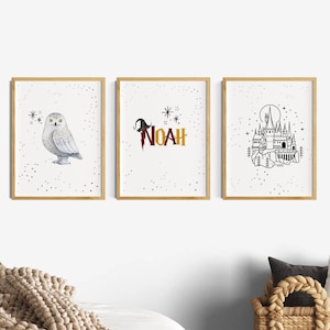 Conjunto de carteles para habitación infantil, cuadros de pared de magos, escuela de magia, conjunto de 3 imágenes de películas, decoración de habitación infantil, conjunto de carteles para decoración de pared, cuadro
