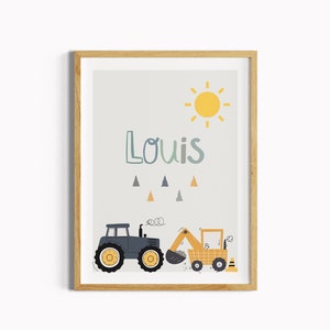 Ragazzo del poster della camera dei bambini, poster del nome del sole dell'escavatore del trattore, camera del ragazzo dell'immagine, camera del bambino della decorazione della parete boho, regalo, battesimo, nascita, grigio
