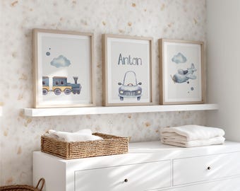 Children's Poster Set for Boys, Nursery Decor 3-Piece Set, Train, Car, Helicopter, Name Posters, Boys' Room Grey, Baby Room, Wall Decoration