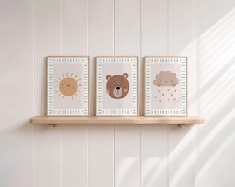 Baby Room Pictures 3-Piece Set Boho Bear, Poster Sun Cloud Hearts, Beige Wall Decor for Baby, Gift for Birth of a Boy or Girl, Children's Room Decor Animals