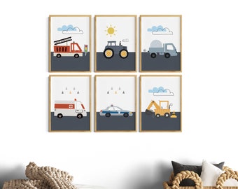 Poster Kinderzimmer Junge, Feuerwehr, Bagger Traktor Fahrzeuge, 6er Posterset, Wanddeko Baustelle, Kinderzimmerdeko, Bunt, Grau Grün, Deko