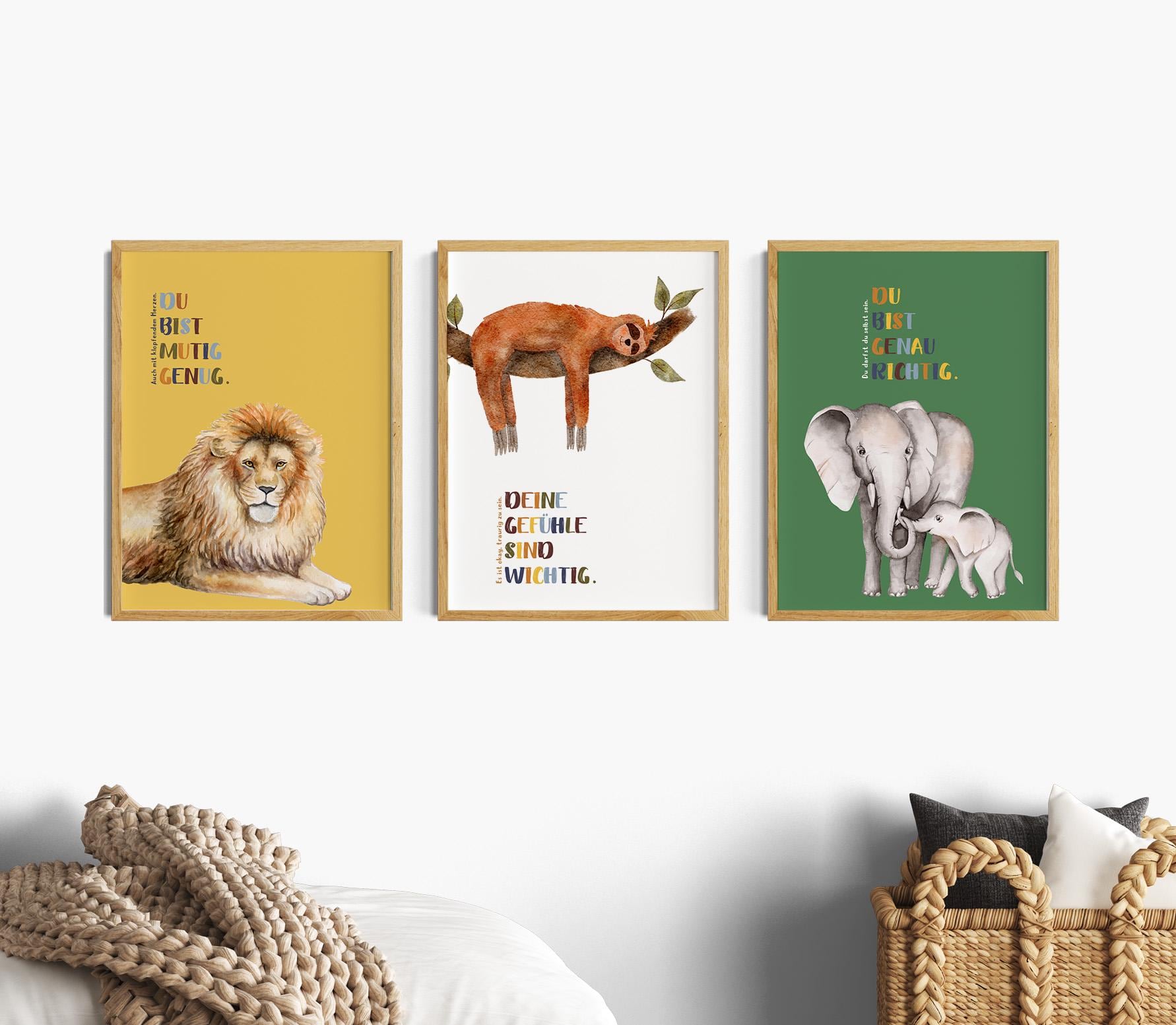 Affirmation pictures children's room animals, set of 3 posters for boys and girls with animals: lion, sloth, elephant saying, children's room decoration, animal poster