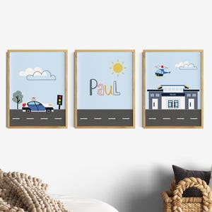 Kinderzimmer Poster Junge, 3er Polizei Posterset, Kinderzimmerdeko, Polizeiauto, Polizeistation, personalisiert Name Wandbilder, Blau Grau