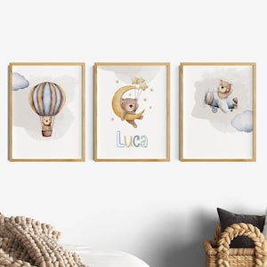 Kinderzimmer Poster Junge, Poster 3er Set Junge, Wanddeko Bär, Name Bilder, Tiere, Babyzimmer Boho Jungs, Heißluftballon Wandbilder Teddy