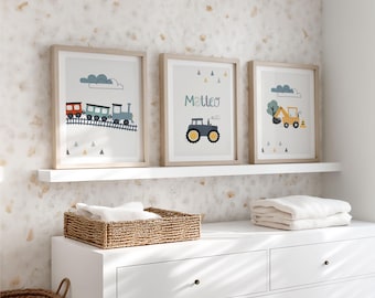 Children's room pictures, set of 3: excavator, tractor, train poster, name for baby boy's room, construction site wall decor, personalized children's room decor, green