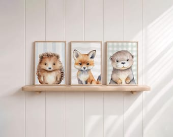Baby room pictures, set of 3, woodland animals, watercolor, posters of hedgehogs, foxes, and otters, layette poster set, children's room poster set for boys and girls, wall art decoration