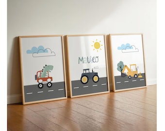 Children's room pictures boy, set of 3 dinosaur tractor excavator posters, boys' room, wall decoration, sun murals, name posters, baby room playroom