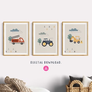 Conjunto de 3 carteles para niños, descarga instantánea, cuadro de bomberos, tractor, excavadora, vehículos, decoración de la habitación de los niños, habitación del niño, verde, beige, póster