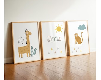 Animals for a child's room, Boho 3-piece poster set for boys, name, safari, lion, giraffe with sun, boys' room, wall art for a baby's room, beige