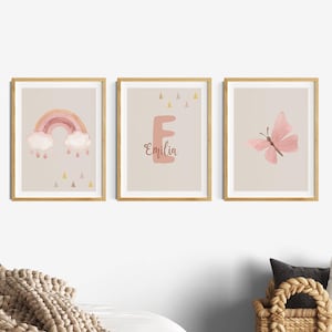 Cuadros rosas antiguos habitación niña, mariposa, arcoíris habitación infantil cartel nombre niña, carta bebé decoración habitación infantil, boho gris, beige