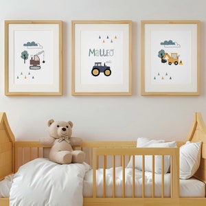 Kinderzimmer Bilder Junge Traktor, Wanddeko Poster Set Bagger, personalisiert mit Name Deko Baby Geburt, Baustelle Fahrzeuge Bauernhof Auto Bild 8