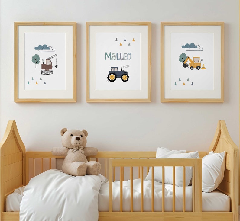 Kinderzimmer Bilder Junge Traktor, Wanddeko Poster Set Bagger, personalisiert mit Name Deko Baby Geburt, Baustelle Fahrzeuge Bauernhof Auto Bild 8