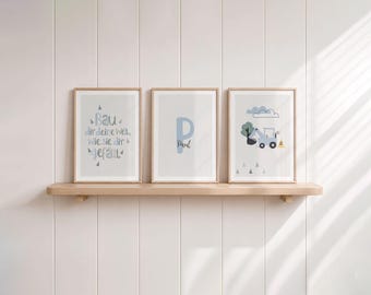Children's room pictures blue, children's saying vehicles boy excavator, light blue gray, set of 3 posters, name, wall design boy's room baby blue