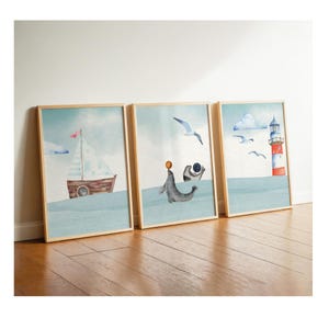 Cuadros habitación infantil azul, póster marítimo habitación niño juego de 3, diseño pared foca conjunto cuadro niño, cuadros pared, animales costa gaviota habitación bebé