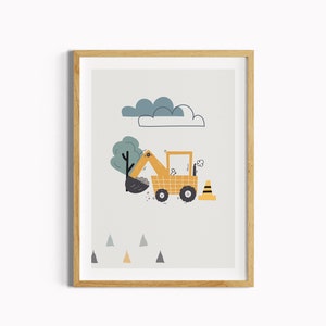 Kinderzimmer Poster Junge, Bagger Bild Jungenzimmer, boho Wanddeko Babyzimmer, Geschenkidee, Taufe, Geburt, Fahrzeug Baustelle  Baggerbild