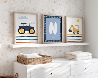 Wall art for a boy's bedroom, personalized vehicles: tractor and excavator, 3-piece poster set, blue, construction site, sun, excavator picture, farm