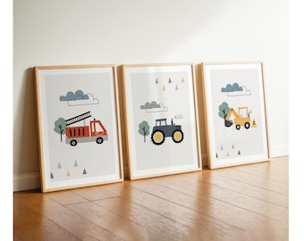 Boys' bedroom poster, fire engine and excavator, baby pictures 3-piece set tractor vehicles, construction site decor for boys' room, grey wall art