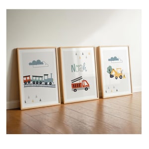 Children's room pictures boy train, fire engine, excavator, wall decoration poster set, personalized name decoration baby, construction site vehicles, gray