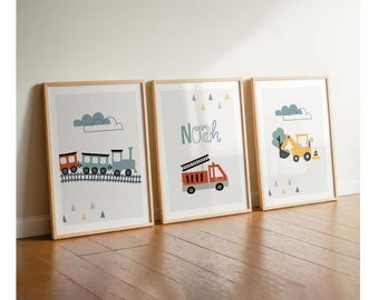Children's room pictures boy train, fire engine, excavator, wall decoration poster set, personalized name decoration baby, construction site vehicles, gray