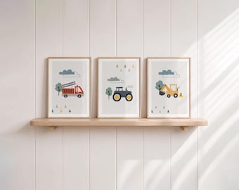 Children's room pictures, set of 3 vehicles, posters for a boy's nursery, Scandinavian style, excavator, tractor, fire engine, wall decor, boho grey, children's room decor for boys