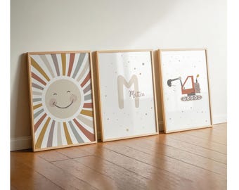 Pictures for a boy's bedroom, sun, name, digger, personalized boho beige taupe, children's room decor, 3-piece poster set for a boy's room, wall decor for a child