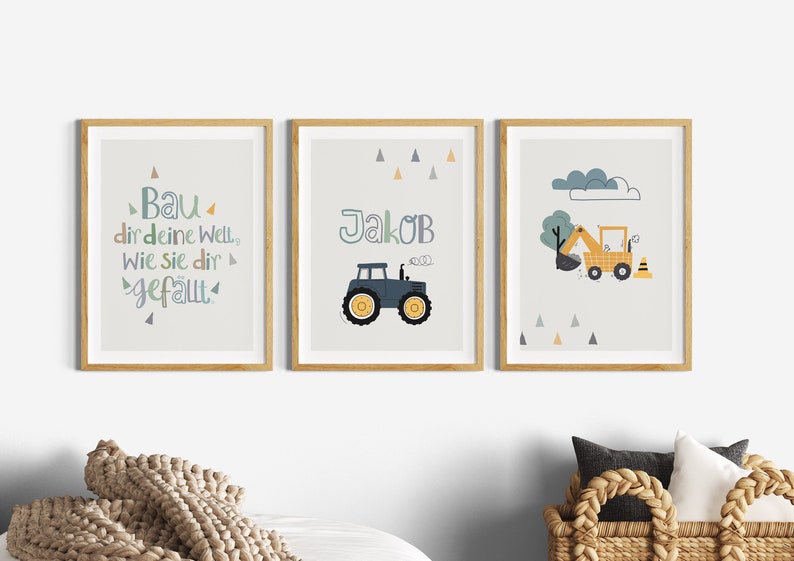 Bilder Kinderzimmer Junge Traktor, Kinderzimmerdeko Poster Set Bagger, Wanddeko Name, Kinder Sprüche, Deko Baby, Baustelle Bauernhof, Grün Grau