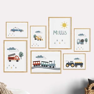 Kinderzimmer Poster Junge Feuerwehrwagen, Eisenbahn, Traktor, Bagger, Polizei Namensposter, Wanddeko Collage Bilder Set Bagger, Kinderposter