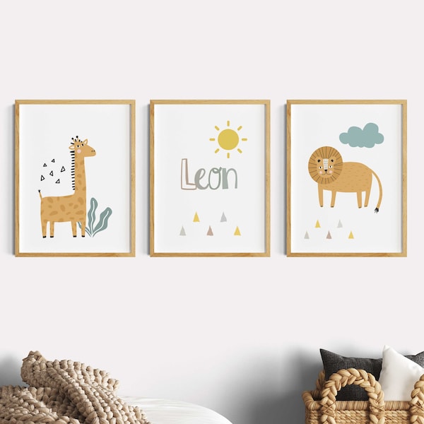 Pictures children's room animals, boho poster set of 3 boy, name, safari, lion, giraffe with sun, boy's room, wall pictures baby room beige