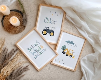 Poster for a boy's bedroom, "Be cheeky, wild" children's room, name children's room decor for a boy, tractor, excavator, children's saying, wall art for a boy's room