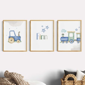 Juego de pósteres infantiles para niños, juego de 3 imágenes para habitación infantil azul, tractor para habitación de niño, tren, póster con nombre en acuarela, decoración de pared, decoración de habitación de bebé