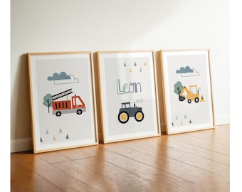 Nursery poster boy, fire brigade, tractor, excavator, pictures name, wall decoration set of 3, decoration baby nursery decoration, construction site vehicles beige