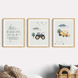 Kinderzimmer Bilder Junge, Sprüche Bagger, Baby Bilder 3er Set Traktor Fahrzeuge, Kinderzimmerdeko Baustelle Jungenzimmer, Wandgestaltung Grau