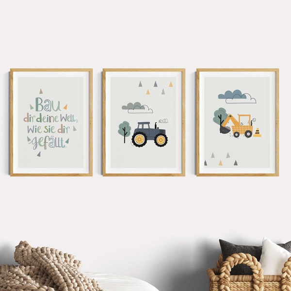 Kinderzimmer Bilder Junge, Sprüche Bagger, Baby Bilder 3er Set Traktor Fahrzeuge, Kinderzimmerdeko Baustelle Jungenzimmer, Wandgestaltung