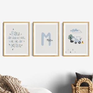 Cuadros para habitación infantil azul, frase infantil, vehículos, excavadora, azul claro, gris, juego de 3 carteles, nombre, diseño de pared, habitación infantil, azul bebé