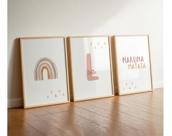 Children's posters for girls, dusty rose, boho pictures for children's rooms, lucky child 3-poster set for girls' rooms, Hakuna Matata, rainbow, name posters in pink