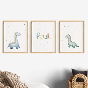 Póster habitación infantil niño, dinosaurio, juego de 3 imágenes de pared, póster con nombre, decoración de habitación infantil, habitación de niño, habitación de bebé, decoración de pared, dinosaurio
