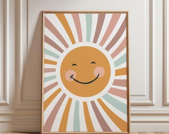 Sun Poster for Children's Room, Dusty Rose, Orange, Mint Picture, Single Poster for Girls' Room, Wall Decor for Children, Children's Room Decor Boho Scandinavian, Colorful