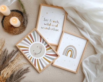 Boho Pictures for Kids' Room, Be cheeky, wild and wonderful, Poster Set, Sun, Beige Brown, Rainbow, Quote, Boy, Girl, Kids' Room Decor