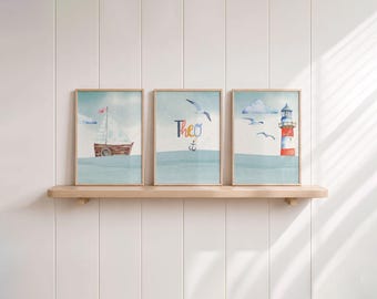 Blue children's room decor for a boy, nautical wall design idea poster set for a boy's room, name wall art, 3 animal pictures, coastal seagull anchor, blue