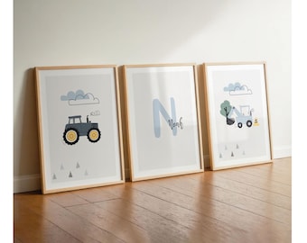 Children's room pictures for boys: excavator, tractor, light blue, grey, blue wall decor, 3-piece poster set, baby name decor, construction vehicles, letter, pastel