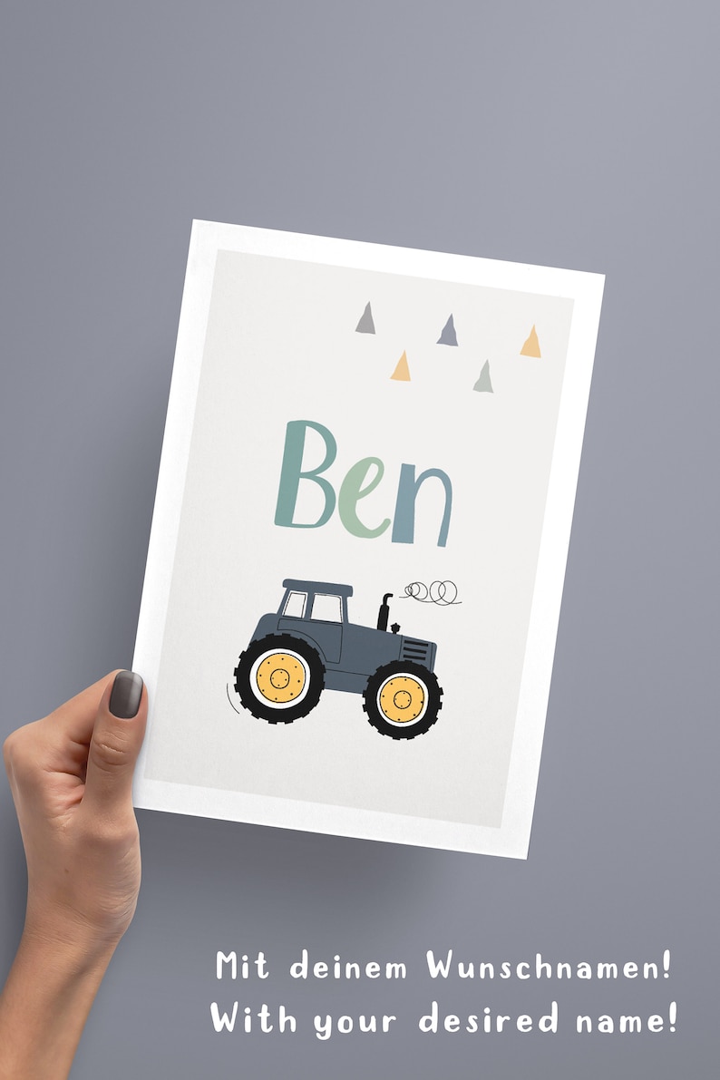 Kinderzimmer Bilder Junge Traktor, Wanddeko Poster Set Bagger, personalisiert mit Name Deko Baby Geburt, Baustelle Fahrzeuge Bauernhof Auto zdjęcie 4