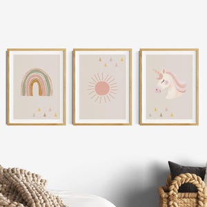 Cuadros rosas antiguos para habitación de niña, unicornio sol arcoiris, set de 3 cuadros para niñas, decoración habitación infantil, cuadros de pared boho gris beige, habitación bebe rosa
