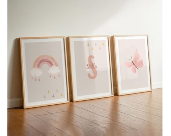 Dusty rose pictures for a girl's room, butterfly, rainbow nursery poster for a girl's name, baby initial nursery decor, boho grey, beige