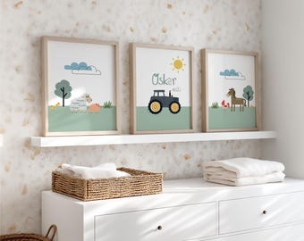 Children's Room Pictures 3-Piece Set Farm, Poster Tractor Name Horse Sheep Baby Boy, Wall Decor Animals Personalizable, Children's Room Decor