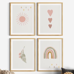 Decorazione da parete per la cameretta dei bambini, set di poster da 4, quadri da parete per camerette per ragazze rosa antico boho, quadri con sole, arcobaleno, cuori e piume, decorazione da parete, grigio