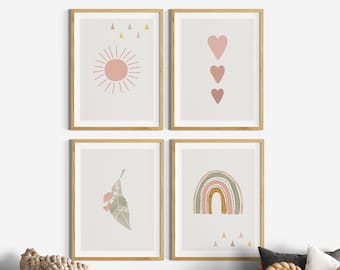 Kids' room wall decor, 4-poster set, dusty rose boho girl's room wall art, pictures of sun, rainbow, hearts and feather, wall decoration, grey