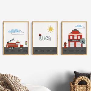 Póster habitación infantil niño, juego de 3 carteles del departamento de bomberos, decoración habitación infantil, camión de bomberos, estación de bomberos, foto de pared con nombre personalizado, rojo